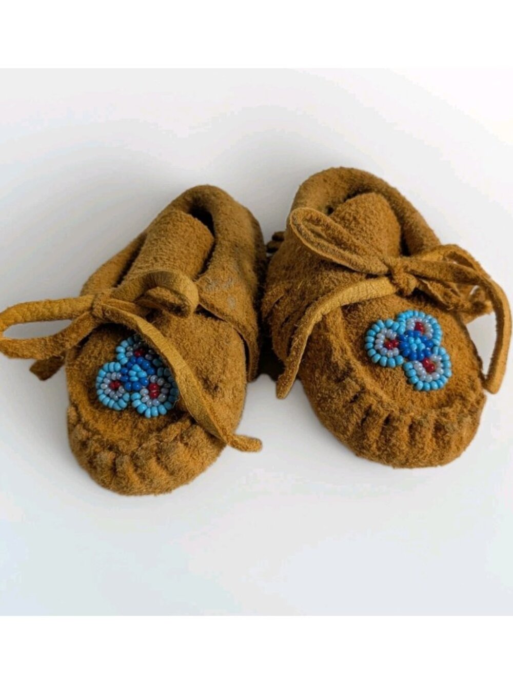 Handmade Baby Leather Moccasins Beaded Soft Sole Fringe Vintage Style 4” Infant